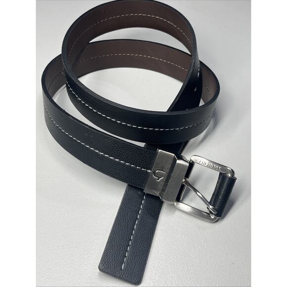 True Religion Reversible Mens Belt 40 Black Brown Silver Tone Buckle Logo - Picture 1 of 9